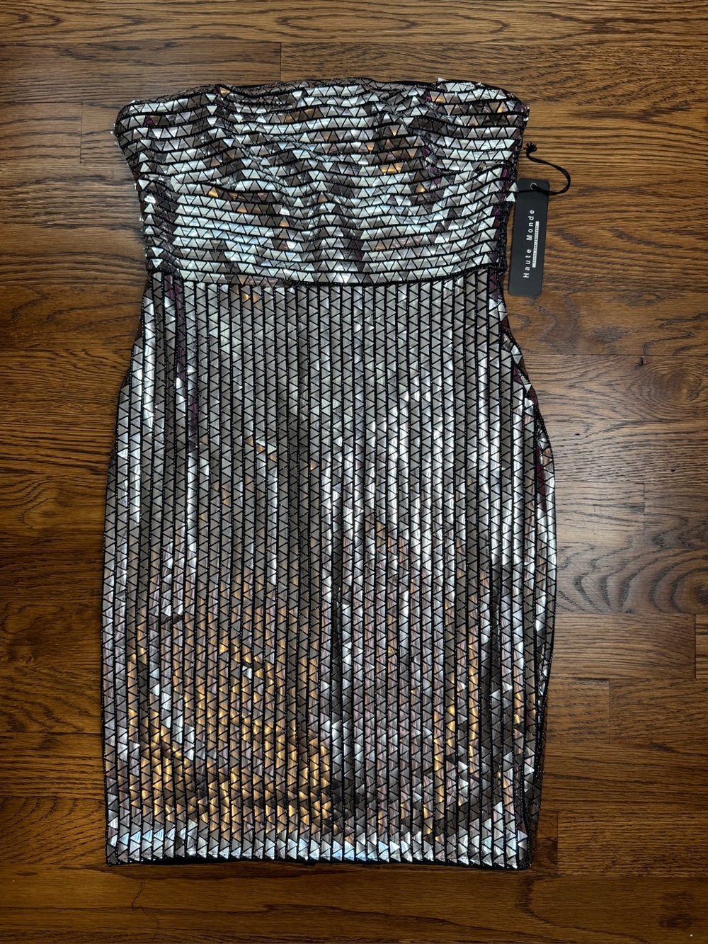 NWT Haute Monde Strapless Metallic Silver Bodycon Glam Mini Party Dress Small